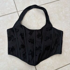 Black Floral Velvet-Print Corset Halter Top